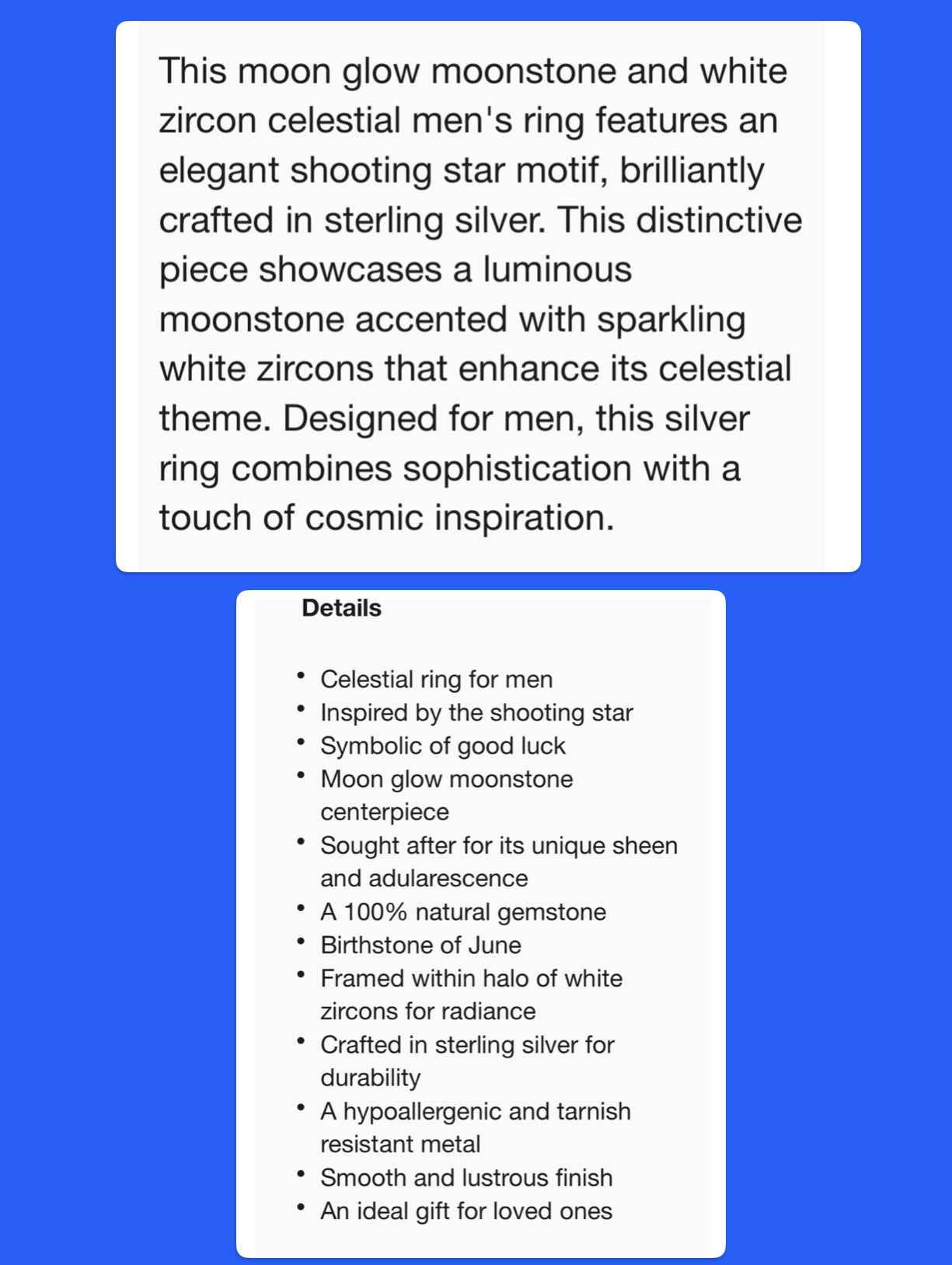 Men’s size 13 Natural Moonstone ring, Sterling Silver