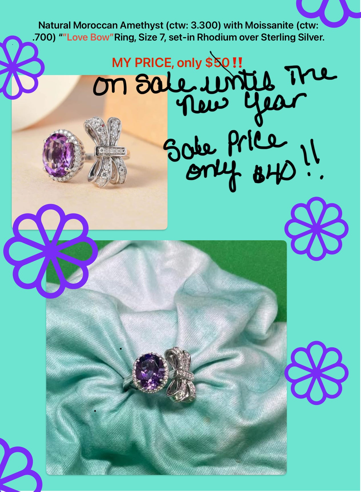 Moroccan Amethyst & Moissanite Size 7 Ring