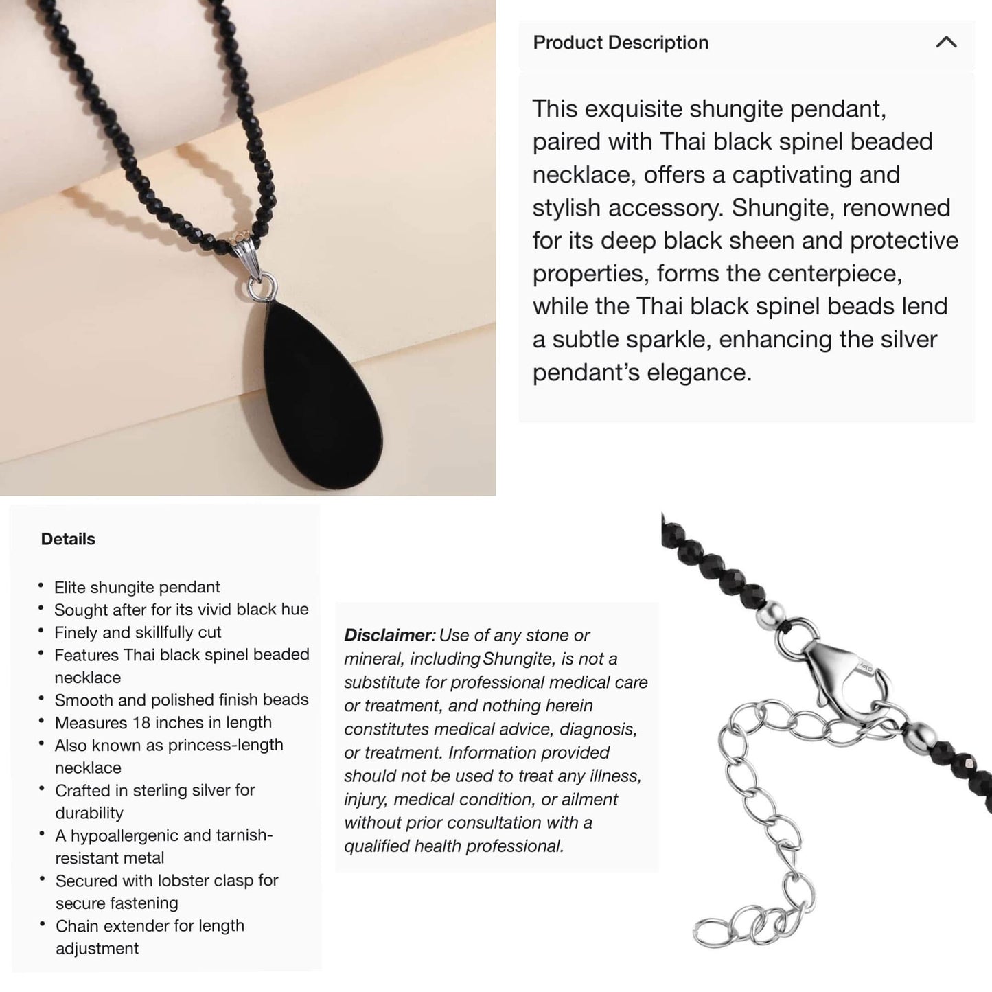 “Elite” Shungite Pendant w/Beaded & Diamond Cut Black Spinel Necklace