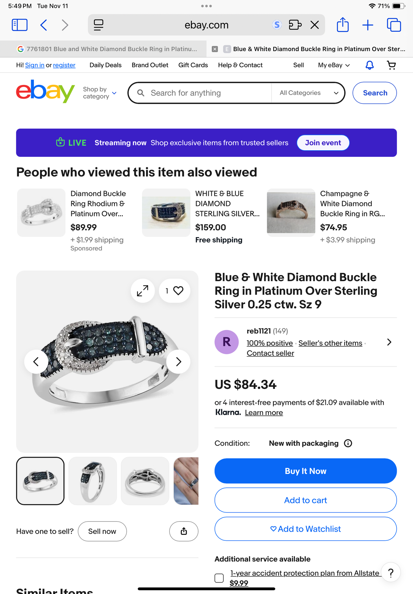 Natural Diamond (blue, I.r.) Size 7 “Buckle Ring”