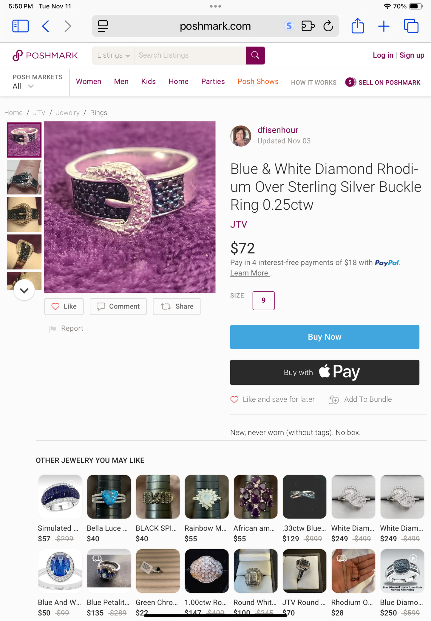 Natural Diamond (blue, I.r.) Size 7 “Buckle Ring”