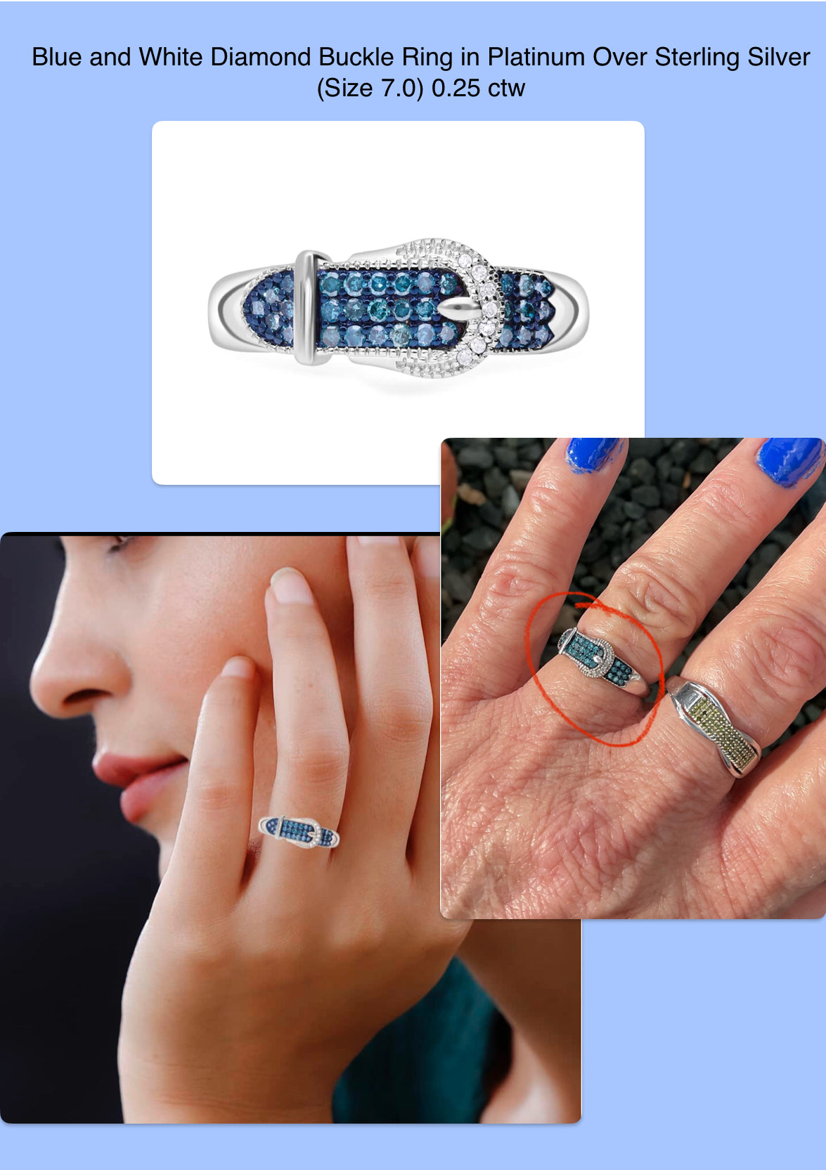 Natural Diamond (blue, I.r.) Size 7 “Buckle Ring”