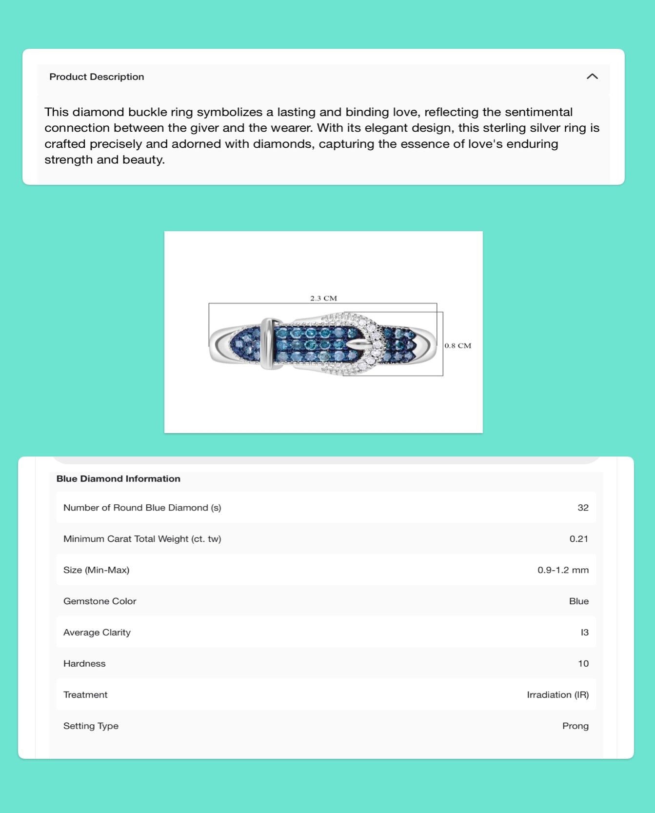 Natural Diamond (blue, I.r.) Size 7 “Buckle Ring”